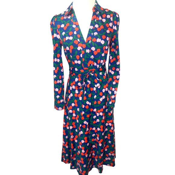 Boden Imogen Cherries Collar Dress Belted Ladies Size 2P Blue Pink Red - Picture 1 of 10